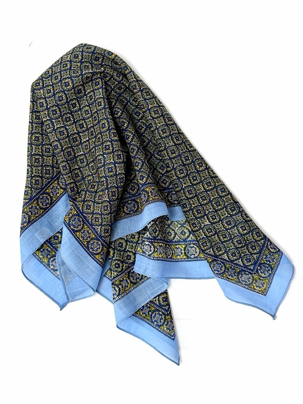 NWOT Glentex Square Scarf Virgin Wool Blue Geometric Medallion Print Japan